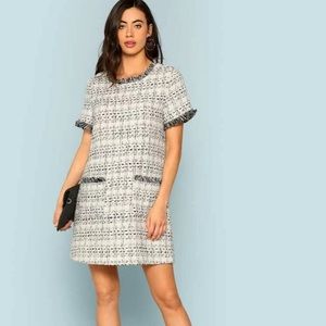 ‫Frayed Edge Pocket Front Tweed Dress
